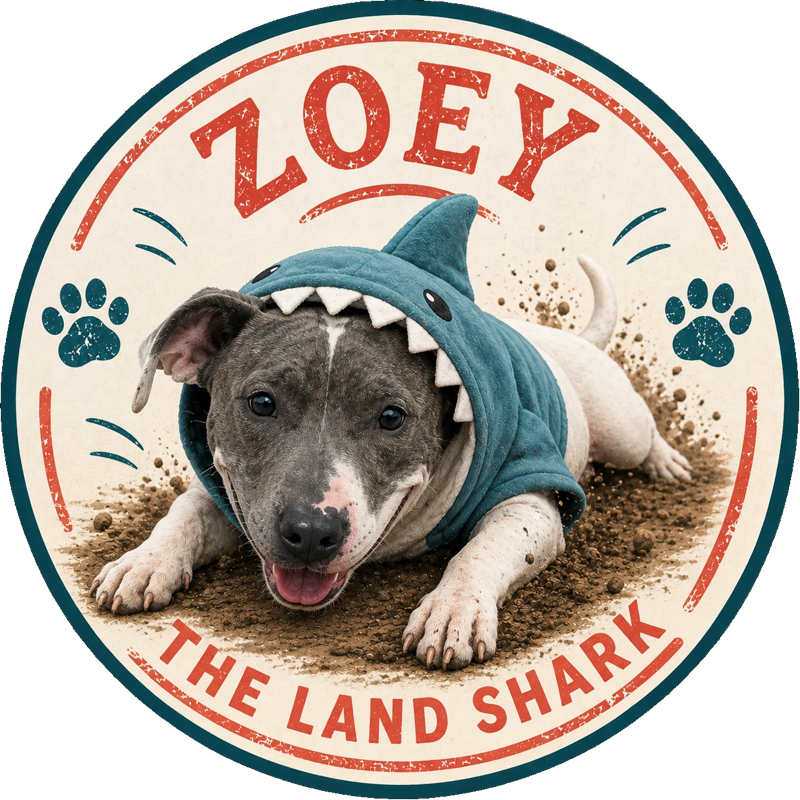 Zoey the Land Shark — round badge logo of a smiling grey and white pit mix wearing a teal shark hoodie, digging in the dirt.